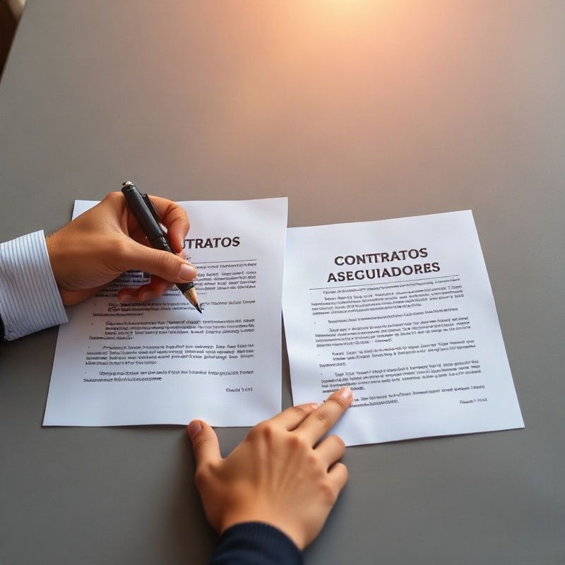 Manos comparando cláusulas de dos contratos aseguradores sobre un escritorio gris.